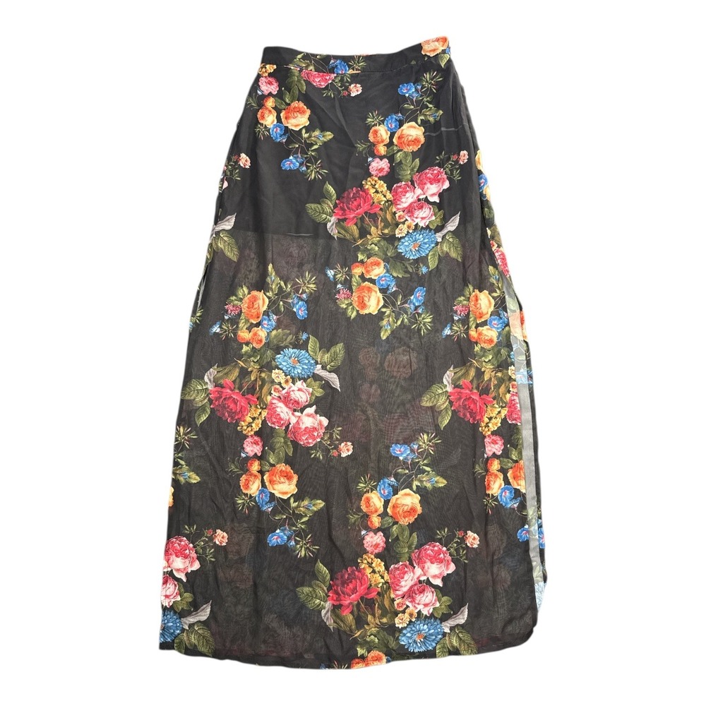 Sans‎ Souci Black Floral Maxi Skirt Sheer Slit Boho Festival S